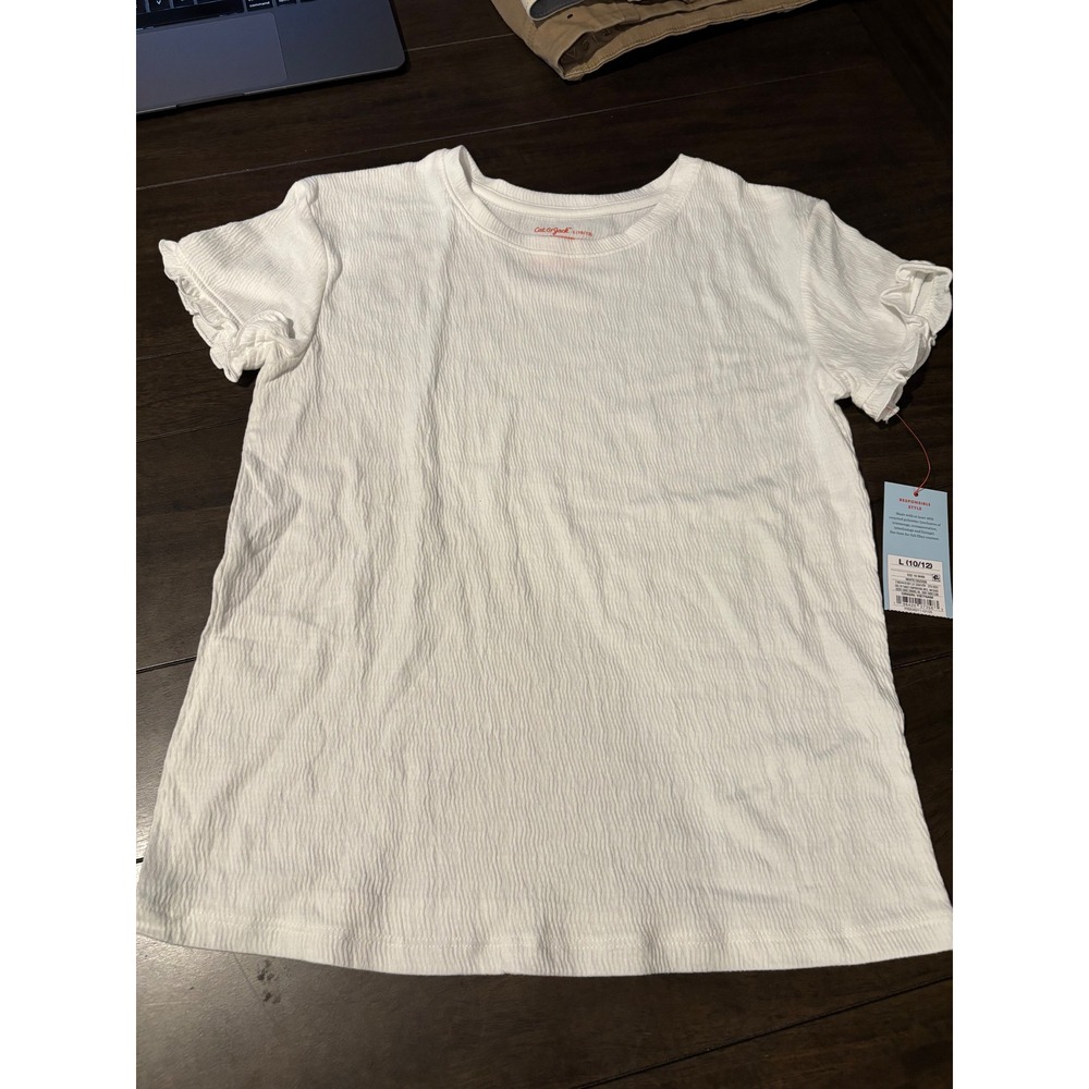 Cat & Jack Girls White Textured Ruffle Sleeve Tee Shirt Size L 10/12
